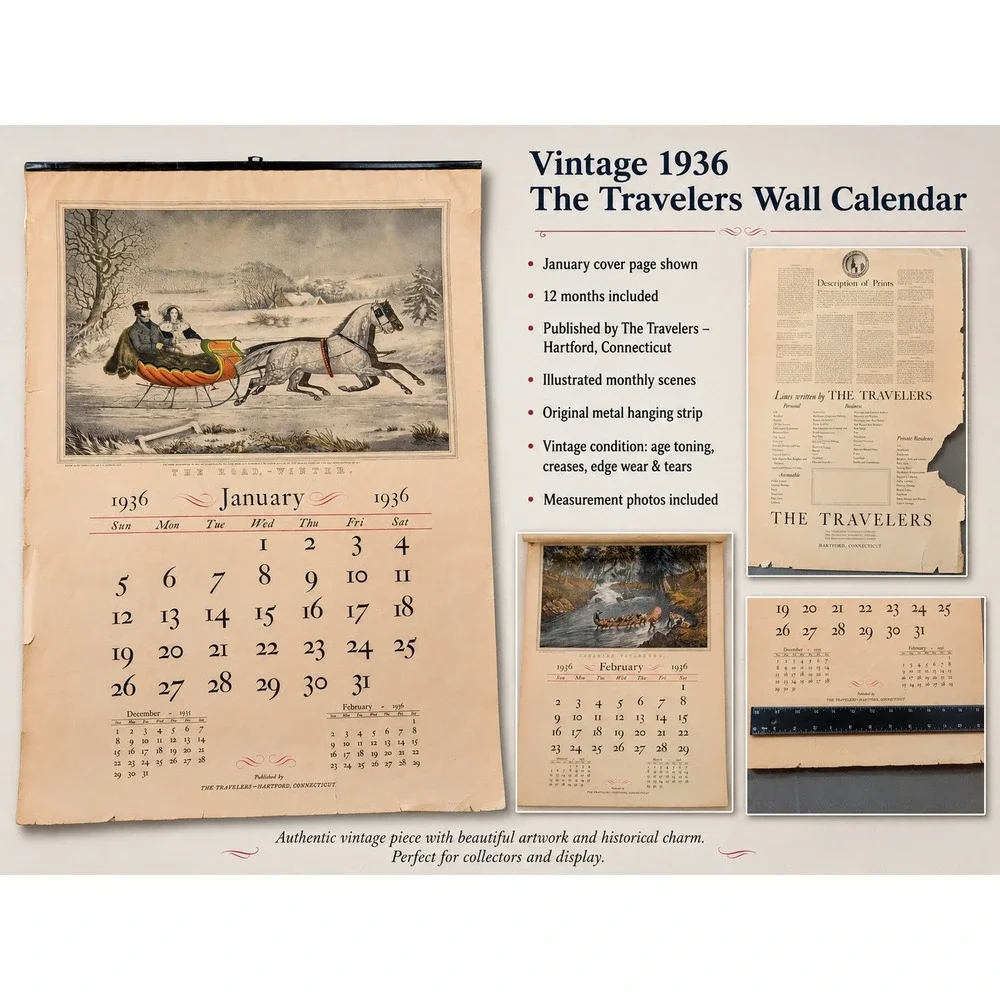 Vintage 1936 The Travelers Insurance Currier &‎ Ives Wall Calendar Hartford CT